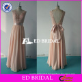 ED Bridal Elegant Lace Appliqued Bow Belt Chiffon Peach Long Bridesmaid Dress With Ribbon
